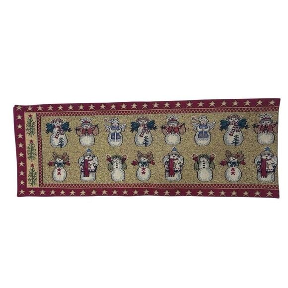 Vintage Christmas Tapestry Table Runner 72"x 13" Red Gold Snowman Angels Holiday - Picture 6 of 9